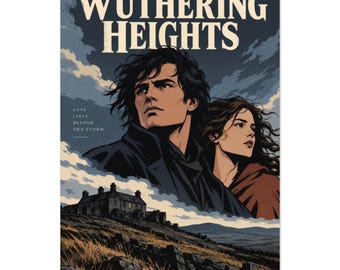 Wuthering Heights Poster, Emily Bronte Art Print, Comic Vector Gothic Wall Art, Heathcliff and Cathy Decor, Book Lover Gift