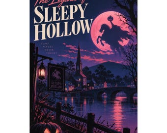 The Legend of Sleepy Hollow Poster, Washington Irving Wall Art, Spooky Retro City Pop Print, Headless Horseman Halloween Decor, Reader Gift