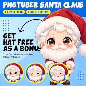 May include: A digital illustration of a chibi Santa Claus character with a red hat and white beard. The image includes text reading PNGTUBER SANTA CLAUS, 1 EMOTION, HALF BODY, and GET HAT FREE AS A BONUS. Three circular icons show the character's face.