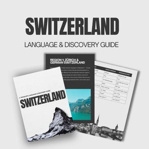 Könnte beinhalten: Ein Sprach- und Entdeckungsführer für die Schweiz mit einem weißen Einband, einer schwarzen Berggrafik und dem Text SWITZERLAND, einer dunklen Seite mit der Überschrift REGION 1: ZÜRICH & GERMAN SWITZERLAND mit See-Foto und einer Aussprache-Tabelle.