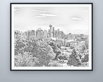 Bleistiftskizze der Space Needle, Wandbild für Seattle, nach eigener Fotografie, druckbarer Download, 5 Bildformate