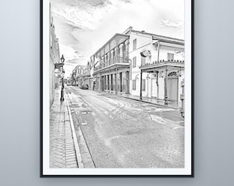 Bleistiftskizze „The Quarter after Rain“, Wandbild aus New Orleans, nach eigener Fotografie, druckbarer Download, 5 Bildformate