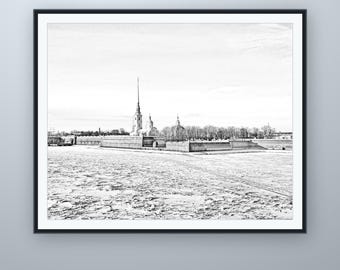 Bleistiftskizze der zugefrorenen Newa, Wandbild aus St. Petersburg, nach eigener Fotografie, druckbarer digitaler Download, 5 Bildformate
