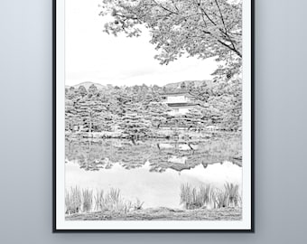 Bleistiftskizze des Goldenen Pavillons, Kyoto-Wandkunst, nach eigener Fotografie, druckbarer digitaler Download, 5 Bildformate