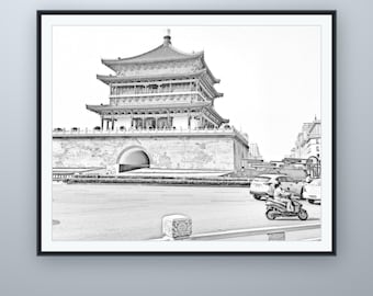 Bleistiftskizze des Glockenturms, Wandkunst aus Xi'an, nach eigener Fotografie, druckbarer digitaler Download, 5 Bildformate
