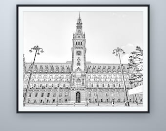 Rathaus-Bleistiftskizze, Hamburg-Wandbild, nach eigener Fotografie, druckbarer digitaler Download, 5 Bildformate