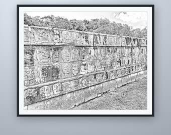 Ballspielplatzfries – Bleistiftskizze, Wandkunst aus Chichén Itzá, nach eigener Fotografie, druckbarer digitaler Download, 5 Bildformate