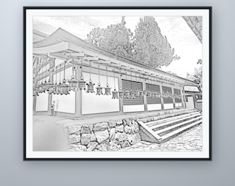 Bleistiftskizze des Vermilion Shrine, Nara-Wandbild, nach eigener Fotografie, druckbarer digitaler Download, 5 Bildformate