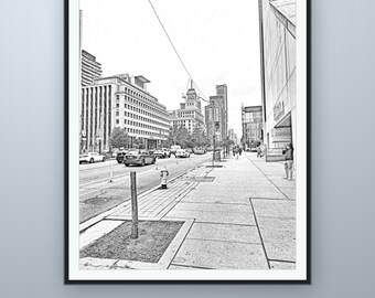 Bleistiftskizze der University Avenue, Wandkunst aus Toronto, nach eigener Fotografie, druckbarer digitaler Download, 5 Bildformate