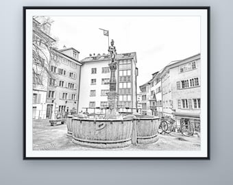 Bleistiftskizze „Das gemalte Quadrat“, Wandkunst Zürich, nach eigener Fotografie, druckbarer digitaler Download, 5 Bildformate