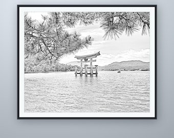 Bleistiftskizze des schwebenden Torii, Miyajima-Wandbild, nach eigener Fotografie, druckbarer digitaler Download, 5 Bildformate