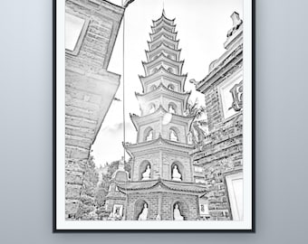 Tran-Quoc-Pagode – Bleistiftskizze, Wandbild aus Hanoi, nach eigener Fotografie, druckbarer digitaler Download, 5 Bildformate