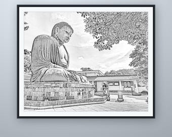 Große Buddha-Bleistiftskizze, Kamakura-Wandbild, nach eigener Fotografie, druckbarer digitaler Download, 5 Bildformate