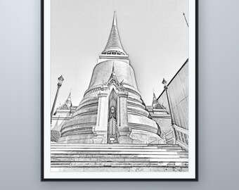 Goldene Chedi – Bleistiftskizze, Bangkok-Wandkunst, nach eigener Fotografie, druckbarer digitaler Download, 5 Bildformate