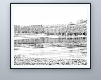 Grand Canal in der Abenddämmerung – Bleistiftskizze, Wandbild für Versailles, nach eigener Fotografie, druckbarer digitaler Download, 5 Bildformate