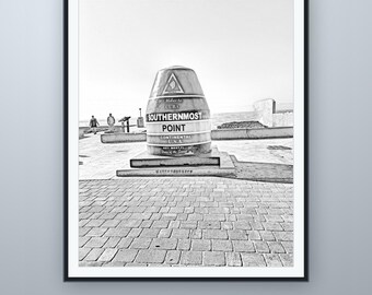 Bleistiftskizze des südlichsten Punktes von Key West, Wandbild, nach eigener Fotografie, druckbarer digitaler Download, 5 Bildformate