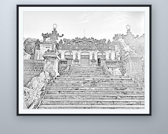 Grabtreppen-Bleistiftskizze, Farbwandbild, nach eigener Fotografie, druckbarer digitaler Download, 5 Bildformate