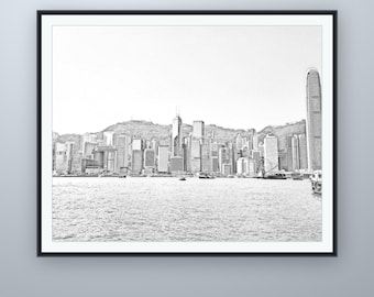 Bleistiftskizze des Victoria Harbour, Hongkong-Wandbild, nach eigener Fotografie, druckbarer digitaler Download, 5 Bildformate