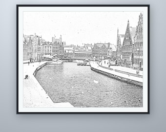 Bleistiftskizze „Der verschneite Kai“, Wandbild aus Gent, nach eigener Fotografie, druckbarer digitaler Download, 5 Bildformate
