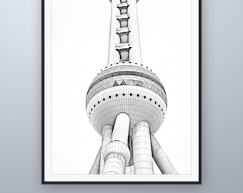 Bleistiftskizze „Die orientalische Perle“, Wandbild aus Shanghai, nach eigener Fotografie, druckbarer digitaler Download, 5 Bildformate