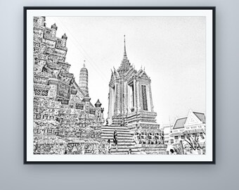 Wat Arun Prang Bleistiftskizze, Bangkok-Wandkunst, nach eigener Fotografie, druckbarer digitaler Download, 5 Bildformate