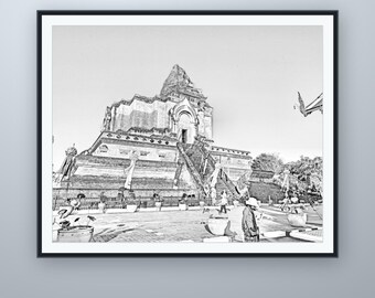 Wat Chedi Luang Bleistiftskizze, Wandkunst aus Chiang Mai, nach eigener Fotografie, druckbarer digitaler Download, 5 Bildformate