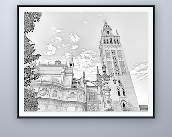 Giralda-Bleistiftskizze, Wandbild aus Sevilla, nach eigener Fotografie, druckbarer digitaler Download, 5 Bildformate