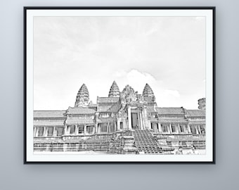 Türme von Angkor Wat – Bleistiftskizze, Angkor-Wandkunst, nach eigener Fotografie, druckbarer digitaler Download, 5 Bildformate