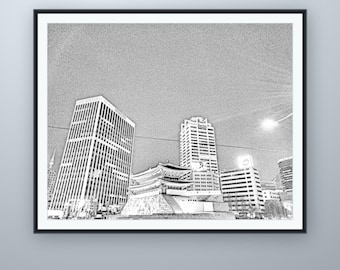 Türme und Ziegeldächer – Bleistiftskizze, Wandkunst aus Seoul, nach eigener Fotografie, druckbarer digitaler Download, 5 Bildformate