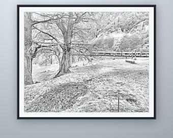Bernina Express Bleistiftskizze, Tirano Wandbild, nach eigener Fotografie, druckbarer digitaler Download, 5 Bildformate
