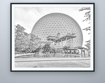 Biosphären-Bleistiftskizze, Wandbild für Montreal, nach eigener Fotografie, druckbarer digitaler Download, 5 Bildformate