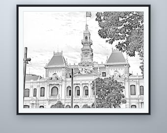 Bleistiftskizze des Gebäudes des Volkskomitees, Wandbild aus Saigon, nach eigener Fotografie, druckbarer digitaler Download, 5 Bildformate