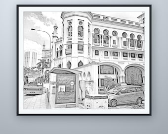 Bleistiftskizze vom Bahnhof, Wandbild aus Kuala Lumpur, nach eigener Fotografie, druckbarer digitaler Download, 5 Bildformate