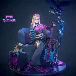 May include: A collectible figurine titled JOAN THE MUSE featuring a blonde character with pink highlights sitting in a chair, holding a blue electric guitar. A pug sits on a black amplifier next to a metallic stand with a raven on top.