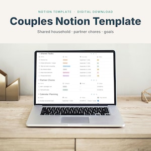 Modello Notion per coppie, agenda domestica condivisa per faccende domestiche, calendario e obiettivi