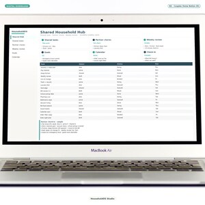 May include: A silver laptop displaying a digital Notion template titled Shared Household Hub. The screen shows a dashboard with sections for shared tasks, partner chores, weekly reviews, goals, a calendar, and a check-in area with a detailed task list.