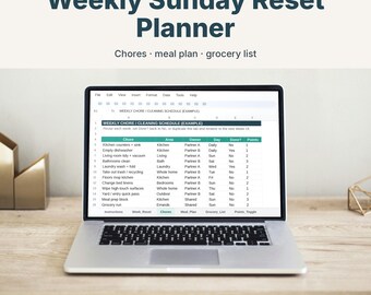 Sunday Reset Planner, Weekly Chores, Meal Plan and Grocery List, Google Sheets & Excel