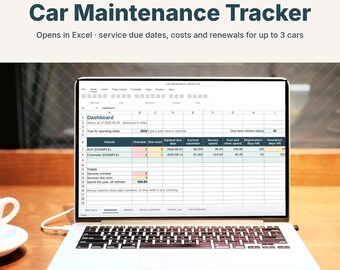 May include: A digital car maintenance tracker spreadsheet displayed on a laptop screen. The interface shows a dashboard with columns for vehicle, service due dates, costs, and renewals, with text reading Car Maintenance Tracker and Excel Spreadsheet.