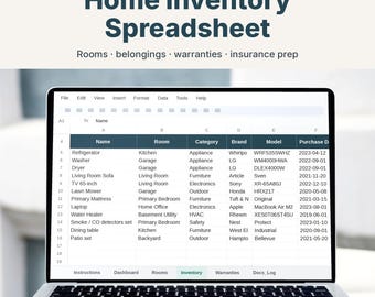 Home Inventory Spreadsheet, Google Sheets & Excel, Warranty and Insurance Claim Tracker