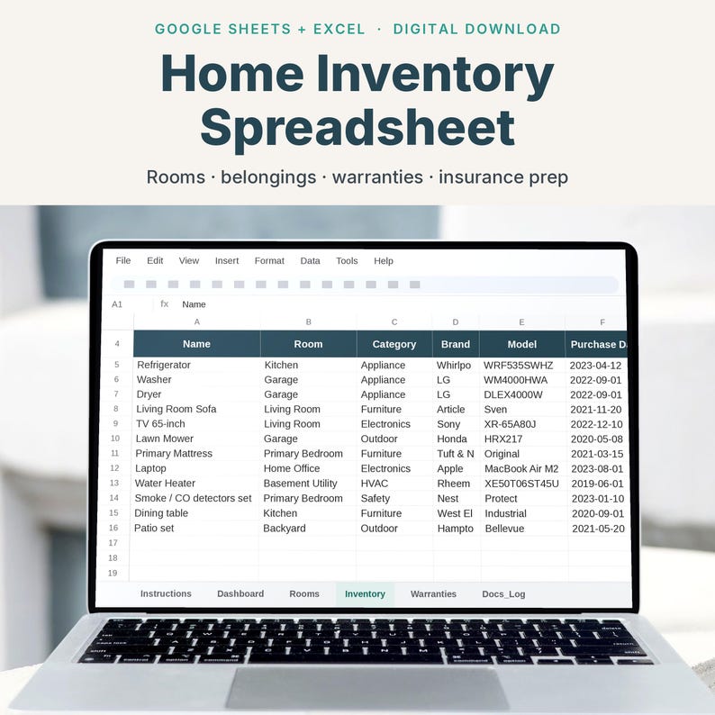 Home Inventory Spreadsheet open on a laptop, showing the household Inventory tab