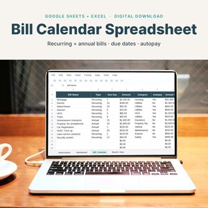 Bill Calendar Spreadsheet, Monthly Bill Tracker, Due Date Planner for Google Sheets & Excel