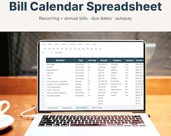 Bill Calendar Spreadsheet, Monthly Bill Tracker, Due Date Planner for Google Sheets & Excel