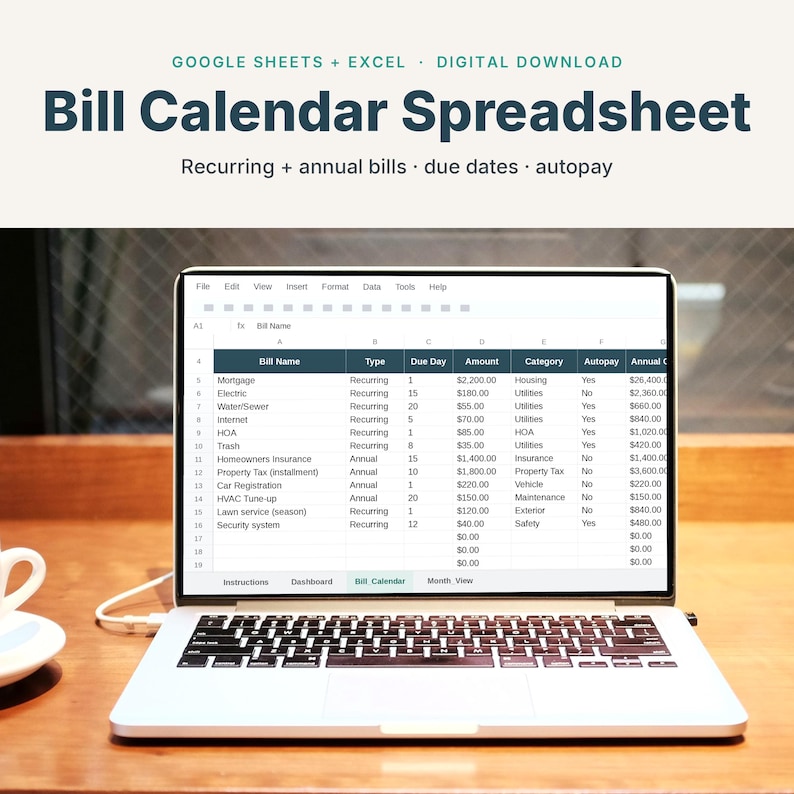 Bill Calendar Spreadsheet open on a laptop, showing monthly bills and due dates