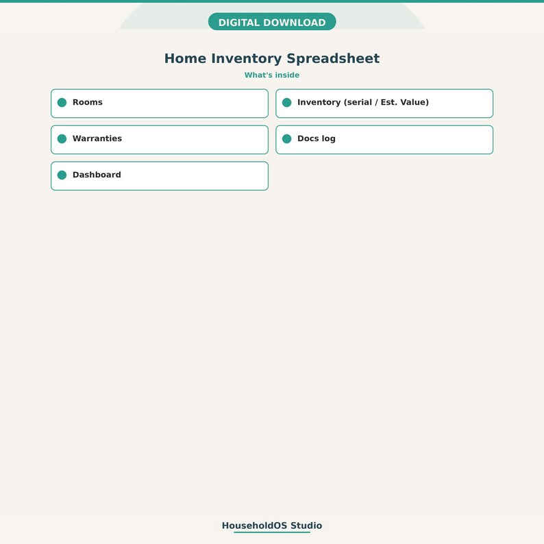 Home Inventory Spreadsheet Google Sheets Rooms Warranties Insurance Tracker Digital Download: digital template preview, photo 3 of 8 (digital download, nothing ships)