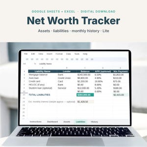 Net Worth Tracker Spreadsheet, Assets and Liabilities Monthly Tracker, Google Sheets & Excel Personal Finance, Digital Download