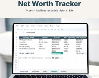 Net Worth Tracker Spreadsheet, Assets and Liabilities Monthly Tracker, Google Sheets & Excel Personal Finance, Digital Download