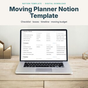Plantilla de Notion para planificar mudanzas, lista de verificación, seguimiento de cajas, cronograma y presupuesto de mudanza, descarga digital.