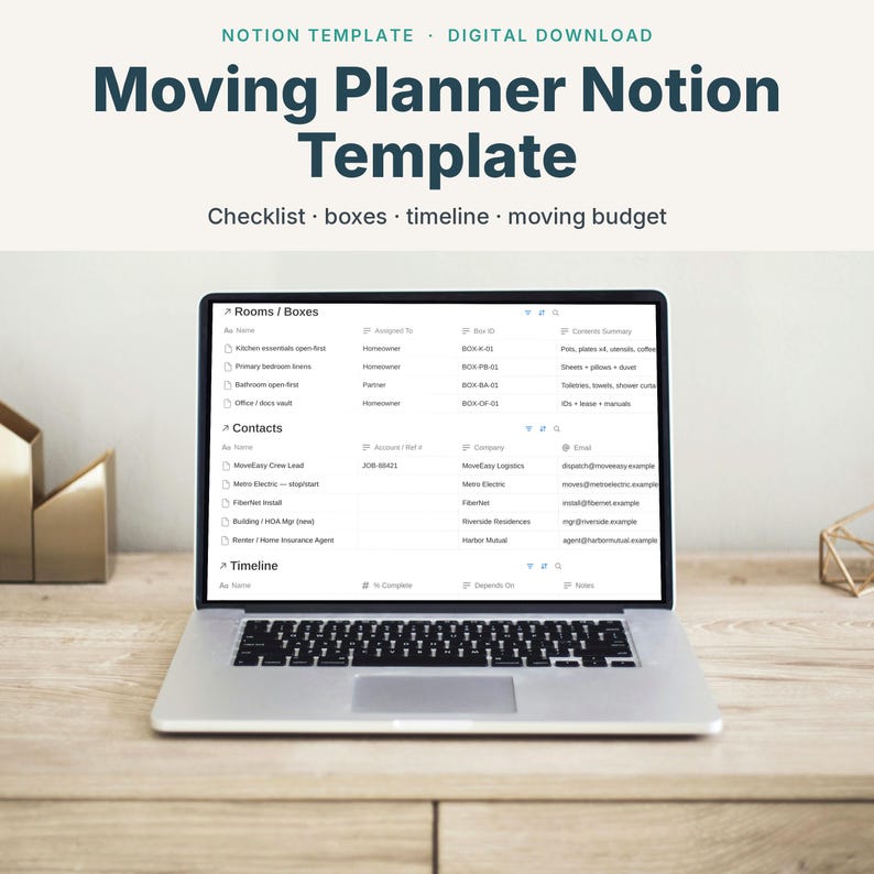 Moving Planner Notion Template open on a laptop, showing the Rooms and Boxes packing tracker
