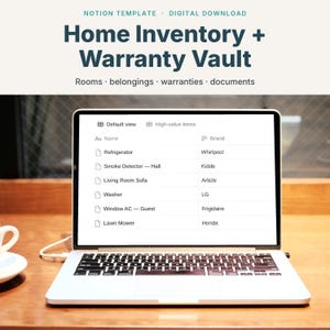 Modello per l'inventario domestico, strumento di monitoraggio di garanzie ed elettrodomestici, organizzatore di documenti per proprietari di casa, download digitale.