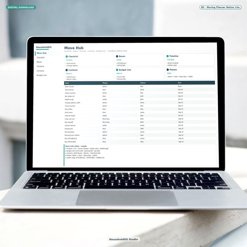 Moving Planner Notion Template: digital template preview, photo 2 of 8 (digital download, nothing ships)